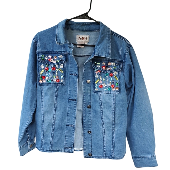 AMI Y2K Denim Trucker Jacket With Rhinestones - Picture 2 of 3